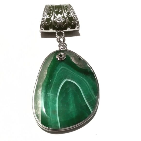 Vintage Malachite Slab and Enamel Large Slide Pendant or Scarf Slide - Picture 4 of 5